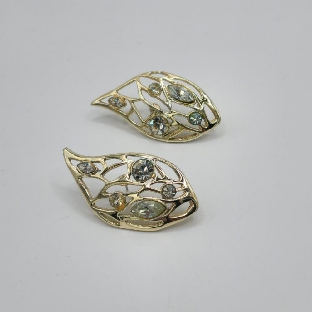 Vintage Gold Rhinestone Leaf Shaped Earrings